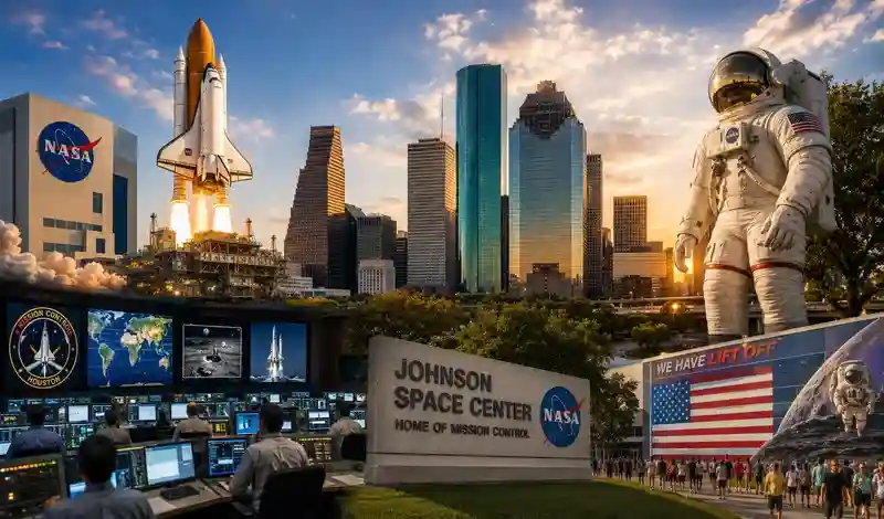 NASA's Johnson Space Center and Houston skyline showcasing the city's leadership in space exploration and innovation.